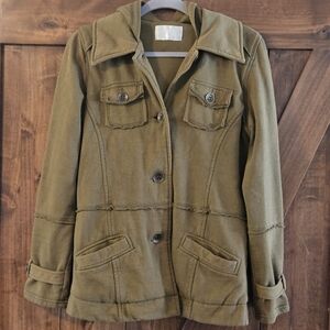 Olive Button Up Jacket Sweatshirt Material Hooded Women's Medium